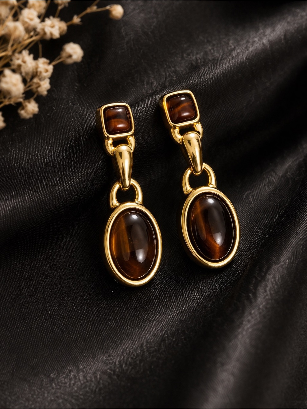 Anne Klein Gold Tone Tiger’s Eye Drop Earrings Vintage - Picture 2 of 5